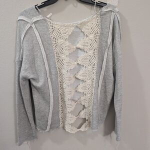 Free People Gray Knit Top with Cream Detail